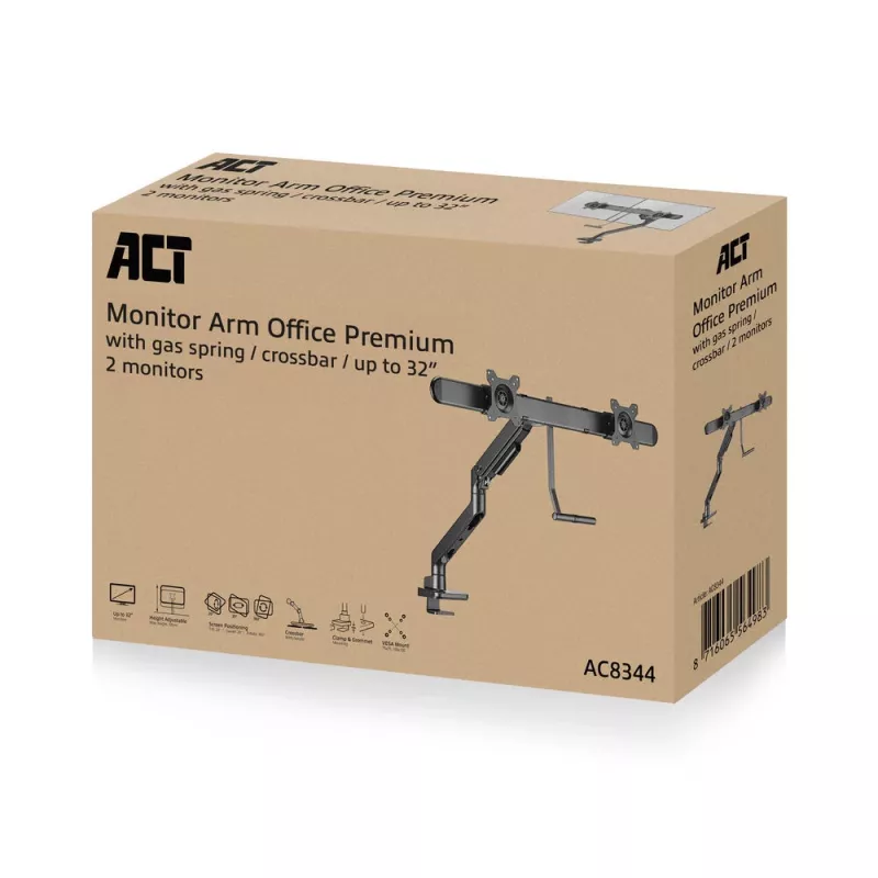 ACT monitorarm 32 inch kantoor Premium, gasveer, dwarsbalk, 2 monitors