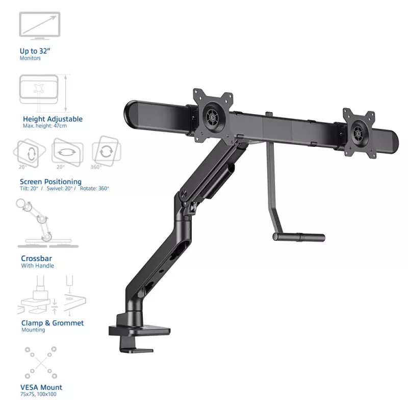 ACT monitorarm 32 inch kantoor Premium, gasveer, dwarsbalk, 2 monitors