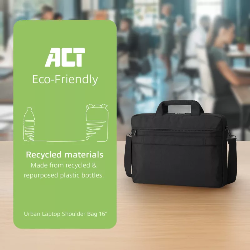 ACT Urban schoudertas voor laptops tot 16 inch, van gerecyclede plastic flessen