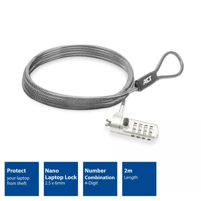 ACT Nano laptopslot met cijferslot 2m kabel