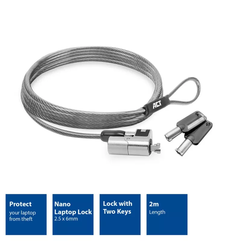 ACT AC9030 laptopslot metaalkleur rond sleutel 2 m kabel