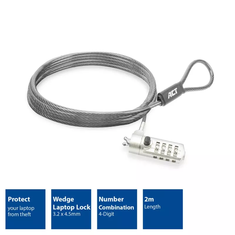 ACT Wedge laptopslot met cijferslot metaalkleur 2 m kabel