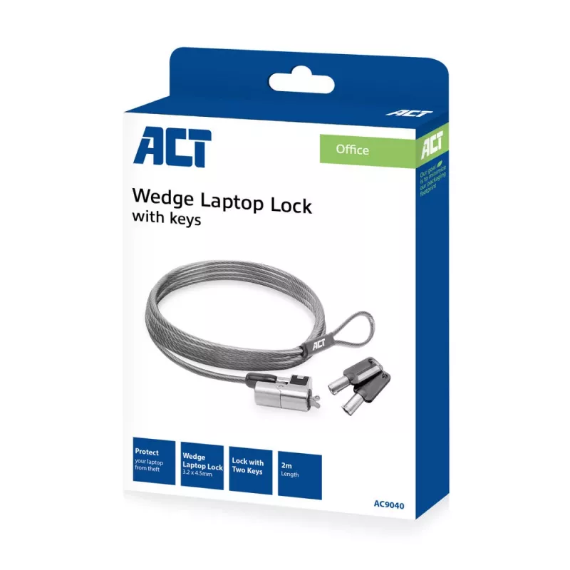ACT Wedge laptopslot met sleutels metaalkleur 2m kabel