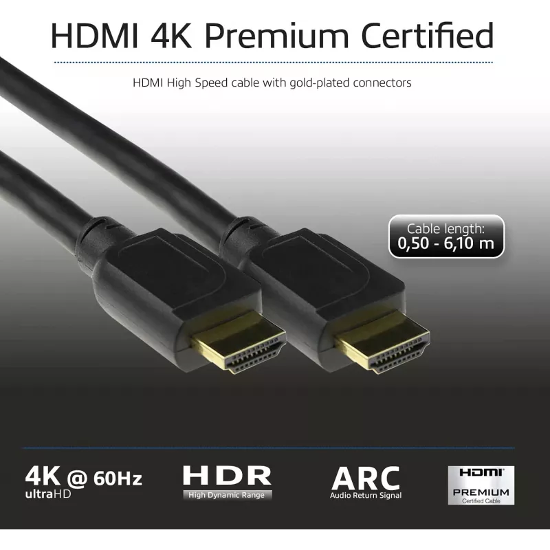 ACT 0,5 meter HDMI High Speed Premium gecertificeerde kabel v2.0 HDMI-A-stekker - HDMI-A-stekker
