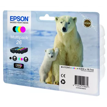 Epson Polar Bear multipack 4 kleuren 26 Claria Premium inkt, zwart, cyaan, magenta, geel, 6,2 ml, 4,5 ml, 1 stuk, multipack