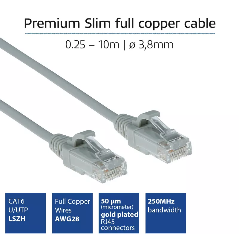 ACT grijs 3 m LSZH U/UTP CAT6 datacenter slimline patchkabel met rastnasbeveiliging en RJ45-stekkers