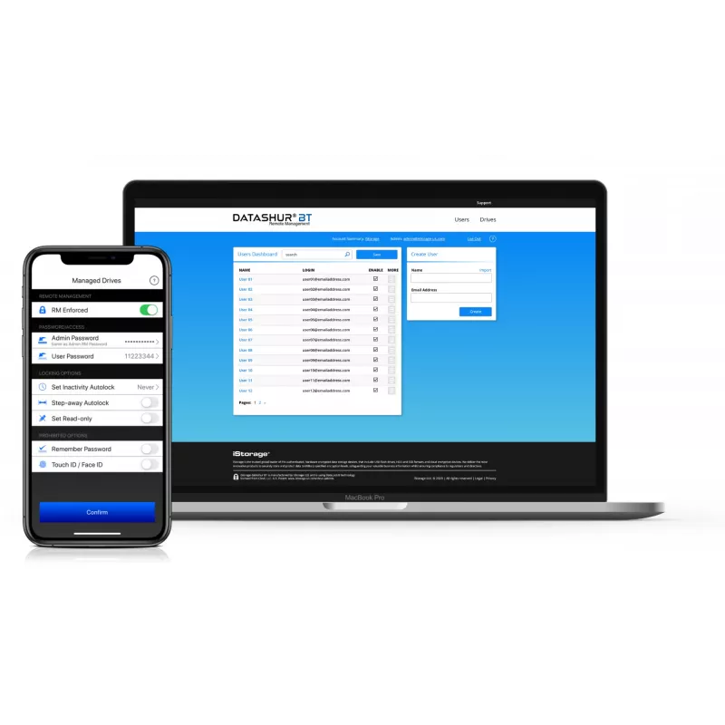 iStorage datAshur BT IS-FL-DBT-256-64 versleutelde USB-stick, 64 GB, USB 3.2 Gen 1, smartphoneauthenticatie via Bluetooth, AES-XTS 256-bit hardwareversleuteling, tweefactorauthenticatie via sms, klaar voor beheer op afstand