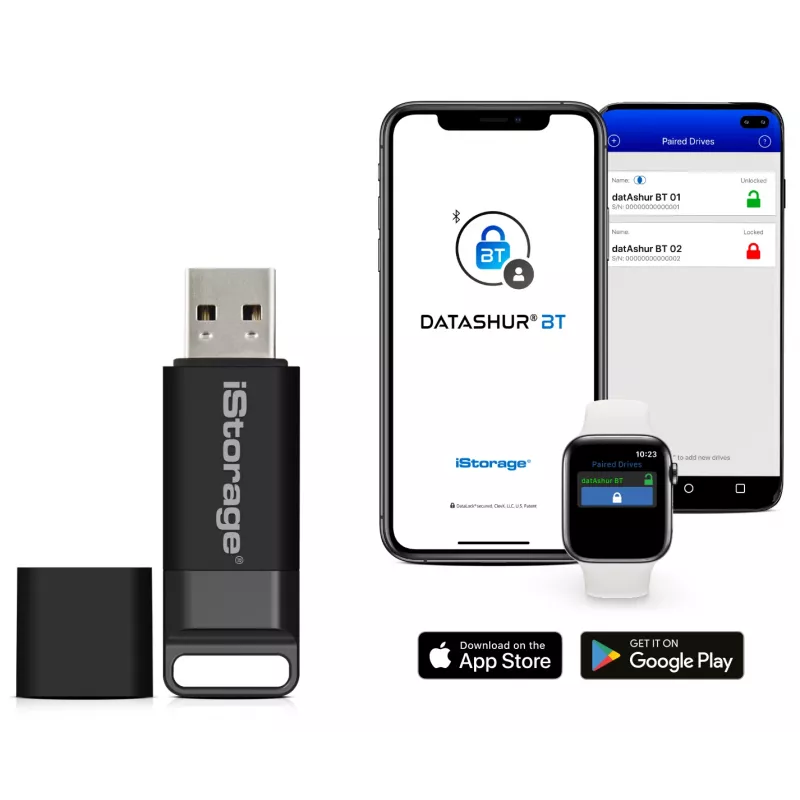 iStorage datAshur BT IS-FL-DBT-256-64 versleutelde USB-stick, 64 GB, USB 3.2 Gen 1, smartphoneauthenticatie via Bluetooth, AES-XTS 256-bit hardwareversleuteling, tweefactorauthenticatie via sms, klaar voor beheer op afstand