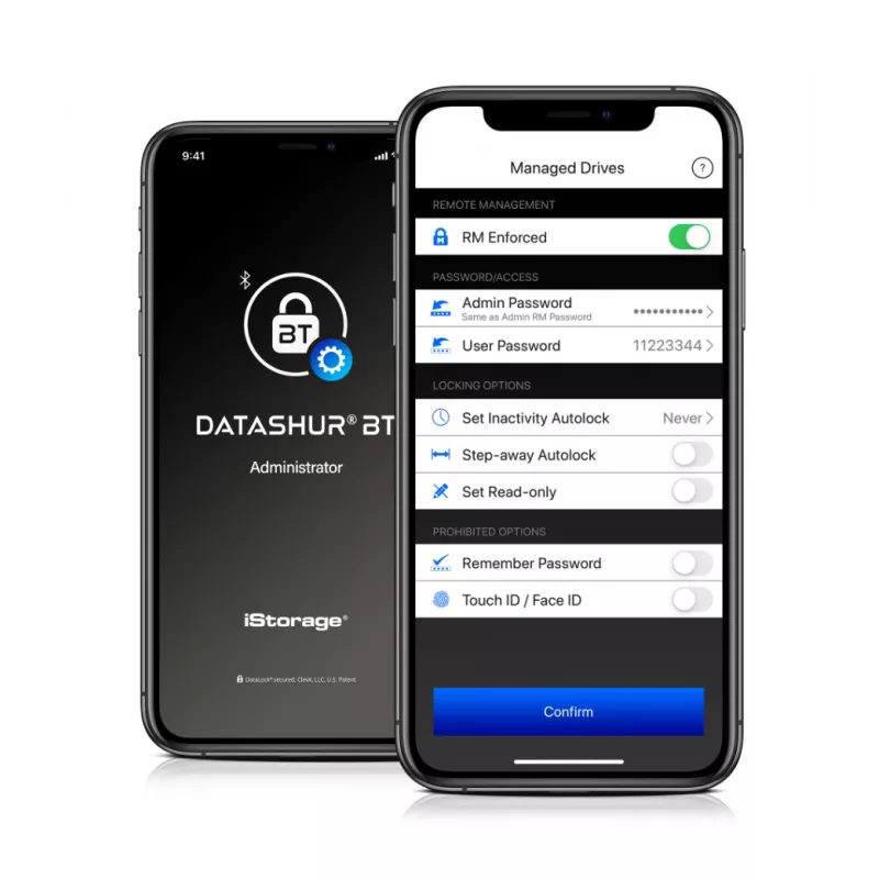 iStorage datAshur BT IS-FL-DBT-256-64 versleutelde USB-stick, 64 GB, USB 3.2 Gen 1, smartphoneauthenticatie via Bluetooth, AES-XTS 256-bit hardwareversleuteling, tweefactorauthenticatie via sms, klaar voor beheer op afstand