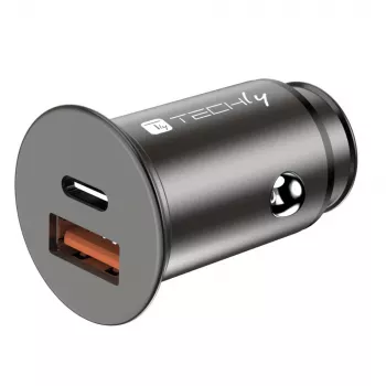 Techly mini auto-oplader USB-A en USB-C Quick Charge 3.0 38W in zwart metaal