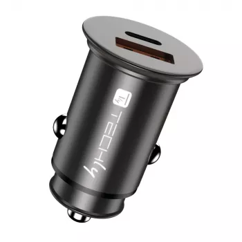 Techly mini auto-oplader USB-A en USB-C Quick Charge 3.0 38W in zwart metaal