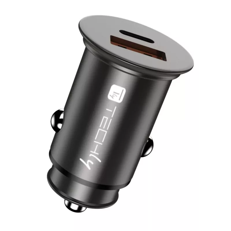 Techly mini auto-oplader USB-A en USB-C Quick Charge 3.0 38W in zwart metaal