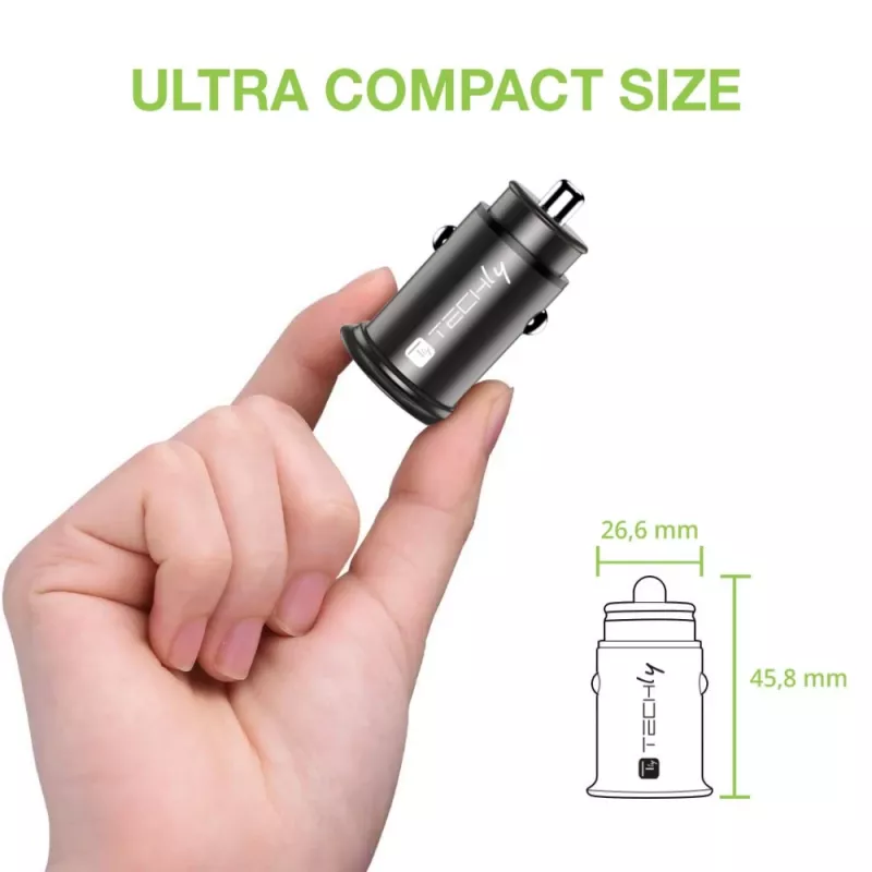 Techly mini auto-oplader USB-A en USB-C Quick Charge 3.0 38W in zwart metaal