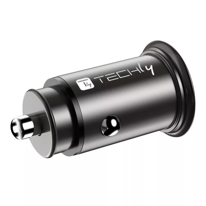 Techly mini auto-oplader USB-A en USB-C Quick Charge 3.0 38W in zwart metaal