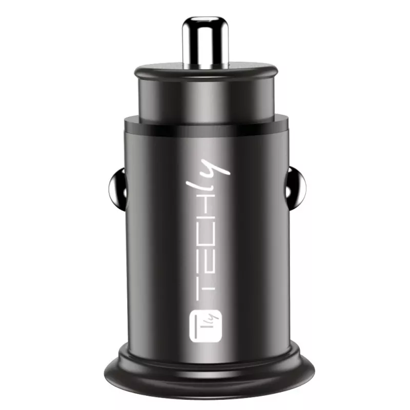 Techly mini auto-oplader USB-A en USB-C Quick Charge 3.0 38W in zwart metaal