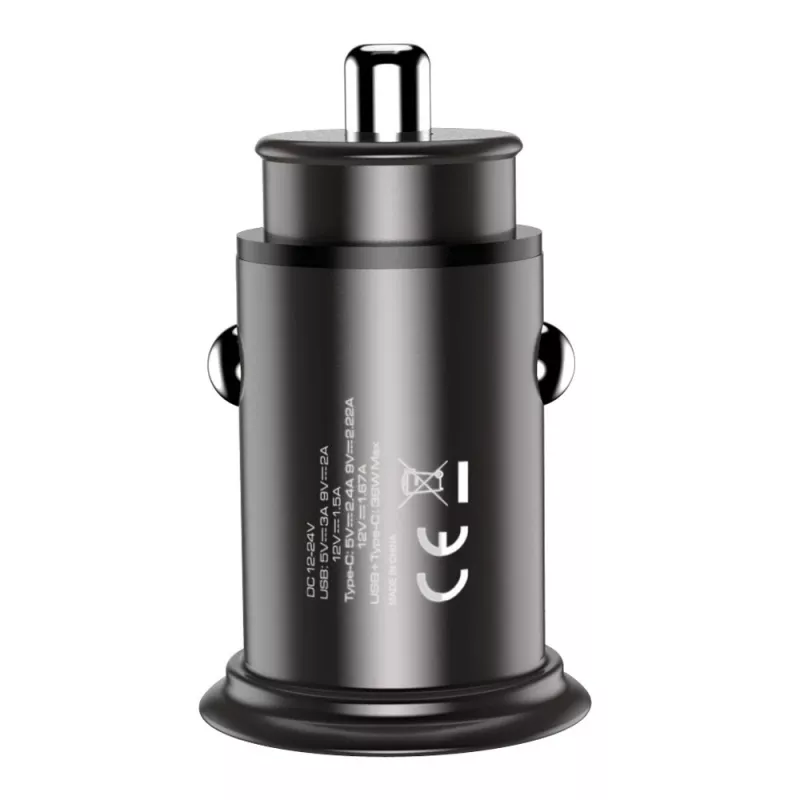 Techly mini auto-oplader USB-A en USB-C Quick Charge 3.0 38W in zwart metaal