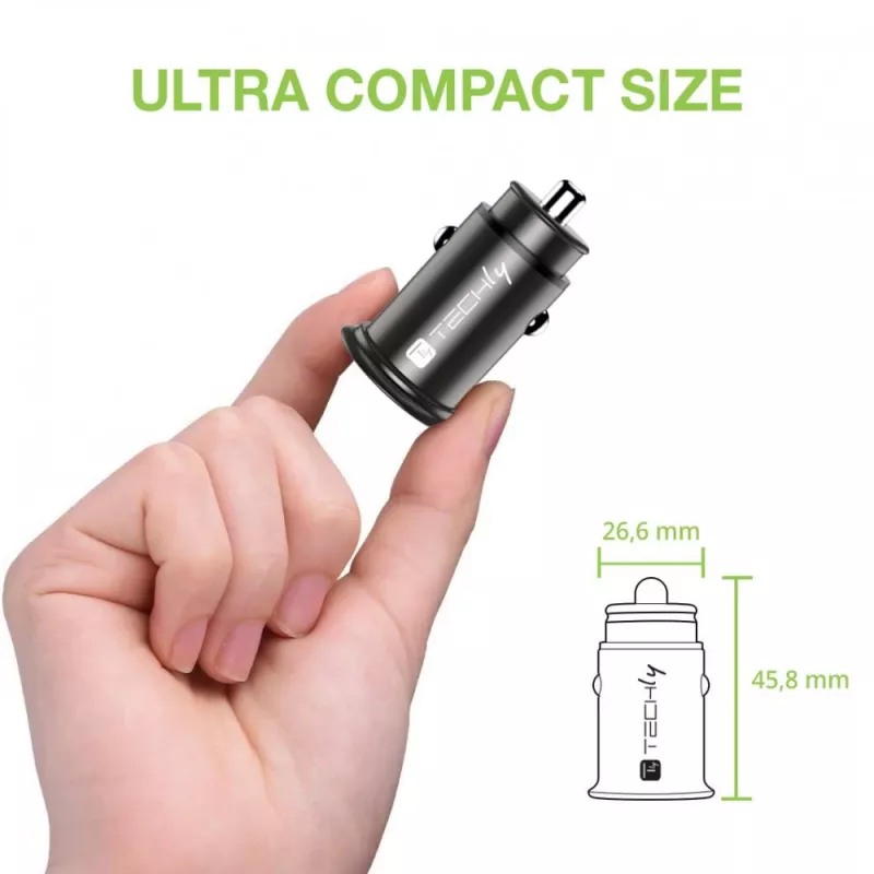 Techly mini auto-oplader USB-A en USB-C Quick Charge 3.0 38W in zwart metaal