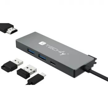 Techly IUSB32C-HUB4HPD laptop-dockingstation/port-replicator bedraad USB 3.2 Gen 2 (3.1 Gen 2) Type-C grijs