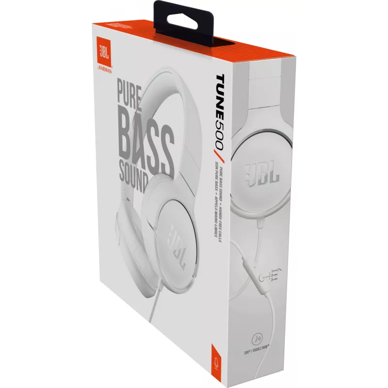 JBL Tune 500 JBLT500WHT on-ear-koptelefoon, bedraad, microfoon, klittenvrije platte kabel, wit