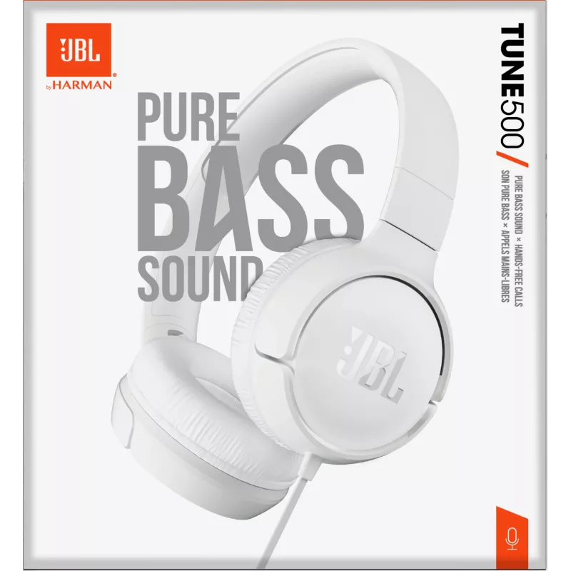 JBL Tune 500 JBLT500WHT on-ear-koptelefoon, bedraad, microfoon, klittenvrije platte kabel, wit