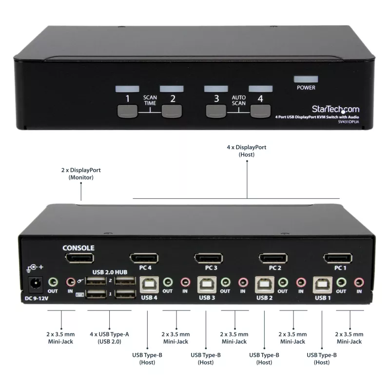 StarTech.com 4-poorts USB DisplayPort KVM-switch met audio, 3840 x 2400 pixels, zwart