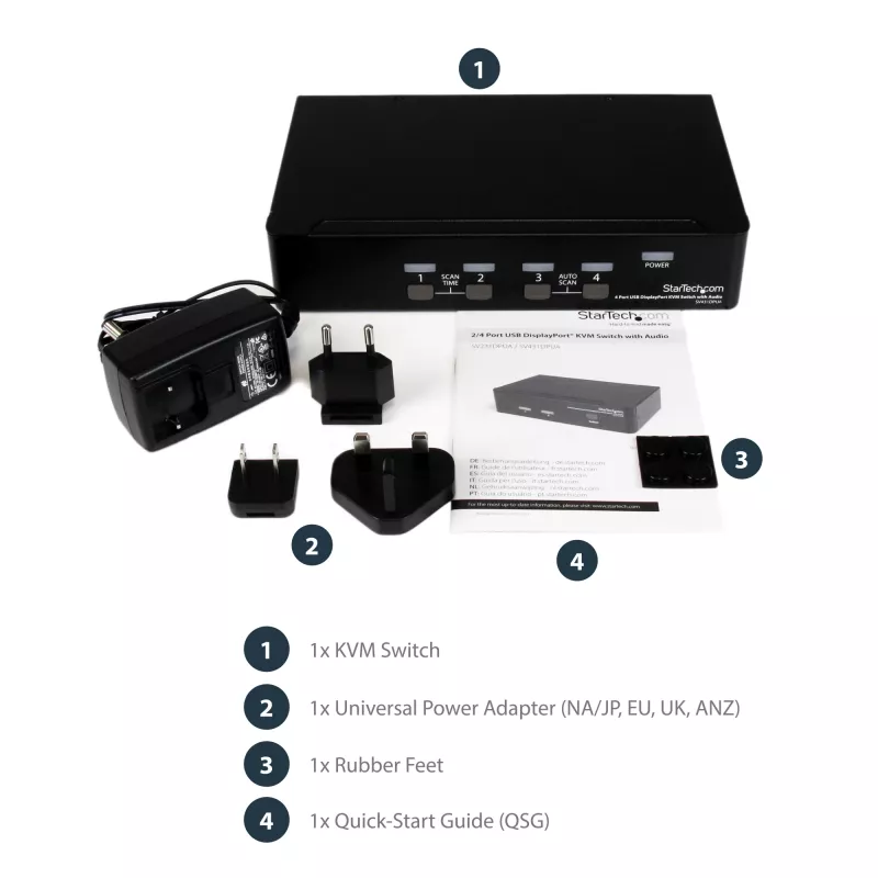 StarTech.com 4-poorts USB DisplayPort KVM-switch met audio, 3840 x 2400 pixels, zwart