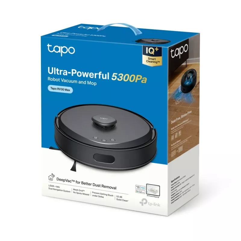 TP-Link Tapo zuigrobot, zakloos, zwart, rond, oplaadbaar, 55 dB, 0,3 L