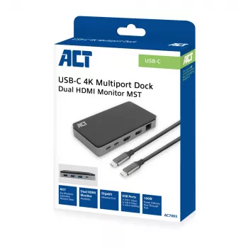 ACT USB-C 4K MST dockingstation voor 2 HDMI-monitoren, ethernet, USB-C, 3x USB-A, PD-passthrough en 1 meter afneembare verbindingskabel