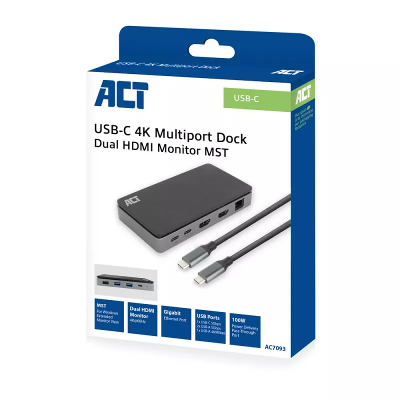 ACT USB-C 4K MST dockingstation voor 2 HDMI-monitoren, ethernet, USB-C, 3x USB-A, PD-passthrough en 1 meter afneembare verbindingskabel