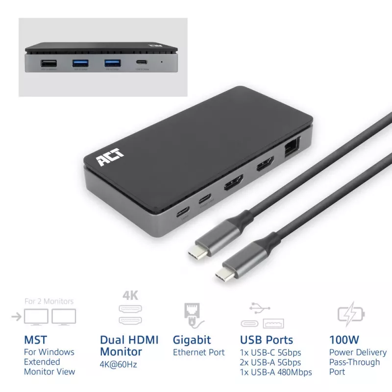 ACT USB-C 4K MST dockingstation voor 2 HDMI-monitoren, ethernet, USB-C, 3x USB-A, PD-passthrough en 1 meter afneembare verbindingskabel