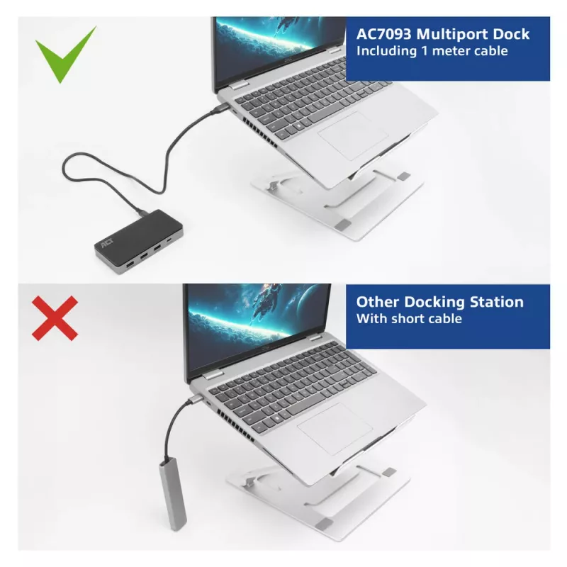 ACT USB-C 4K MST dockingstation voor 2 HDMI-monitoren, ethernet, USB-C, 3x USB-A, PD-passthrough en 1 meter afneembare verbindingskabel