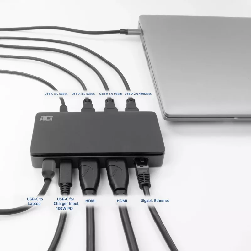 ACT USB-C 4K MST dockingstation voor 2 HDMI-monitoren, ethernet, USB-C, 3x USB-A, PD-passthrough en 1 meter afneembare verbindingskabel