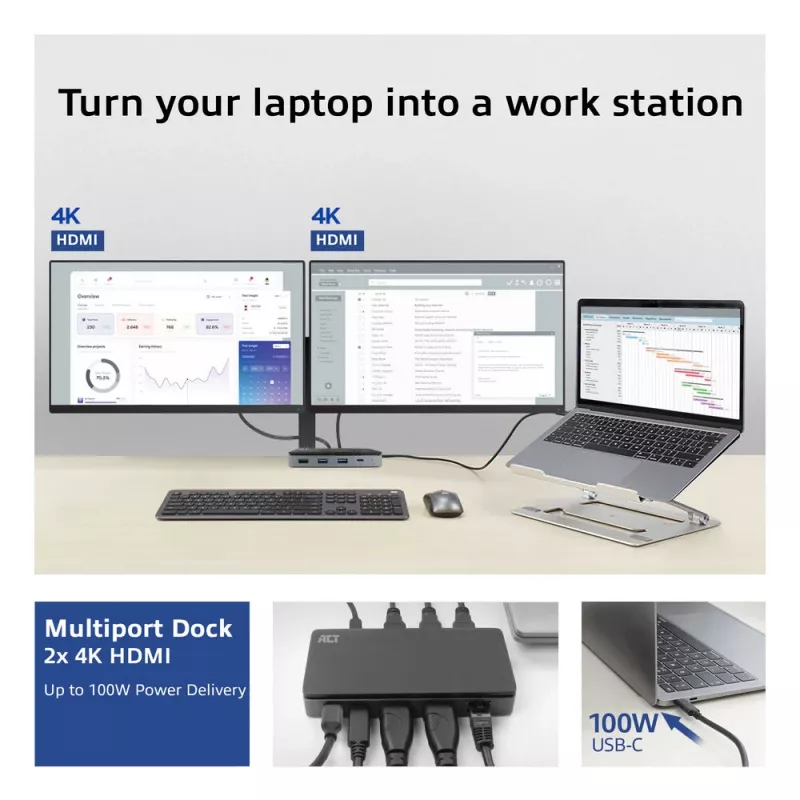 ACT USB-C 4K MST dockingstation voor 2 HDMI-monitoren, ethernet, USB-C, 3x USB-A, PD-passthrough en 1 meter afneembare verbindingskabel