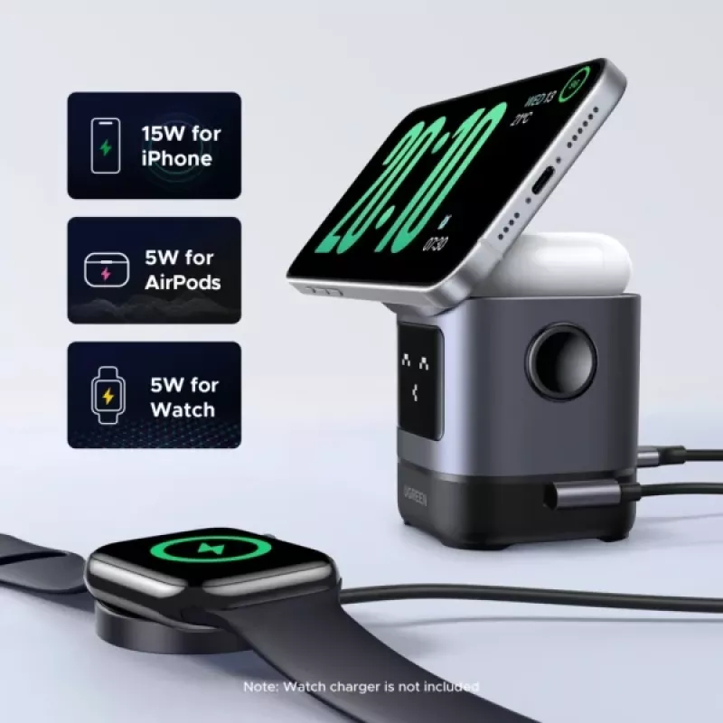 Oplader UGREEN 45775 — draadloze AC-snellader voor binnen, universeel, 1× USB-C, zwart/grijs