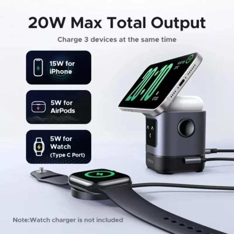 Oplader UGREEN 45775 — draadloze AC-snellader voor binnen, universeel, 1× USB-C, zwart/grijs