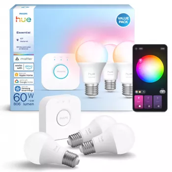 Smart-Lighting-Kit Philips Hue White and Colour Ambience Essential – 3× E27 smart-lampen, 806 lm, 8 W, Bluetooth/Zigbee