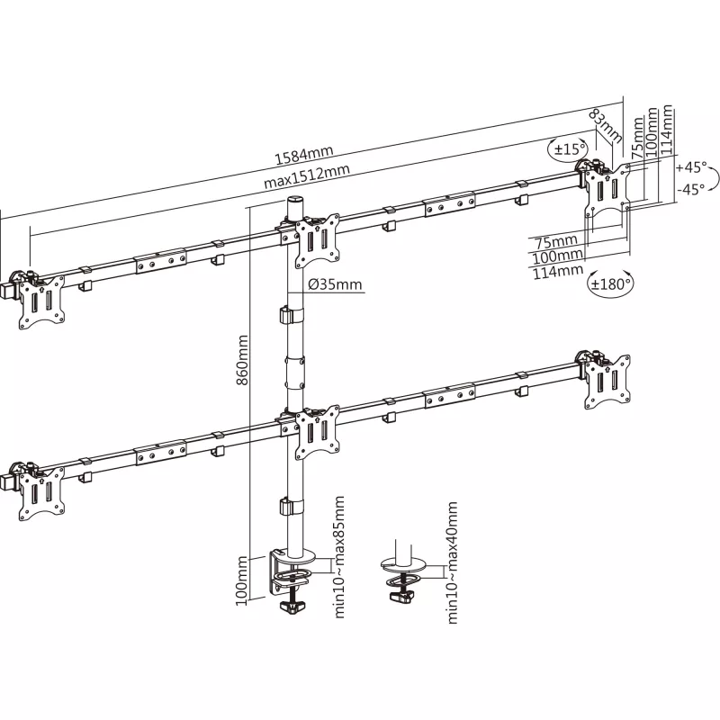 InLine tafelbeugel voor 6x tv / LED / TFT-display tot 81cm 32 inch max. 7kg zwart