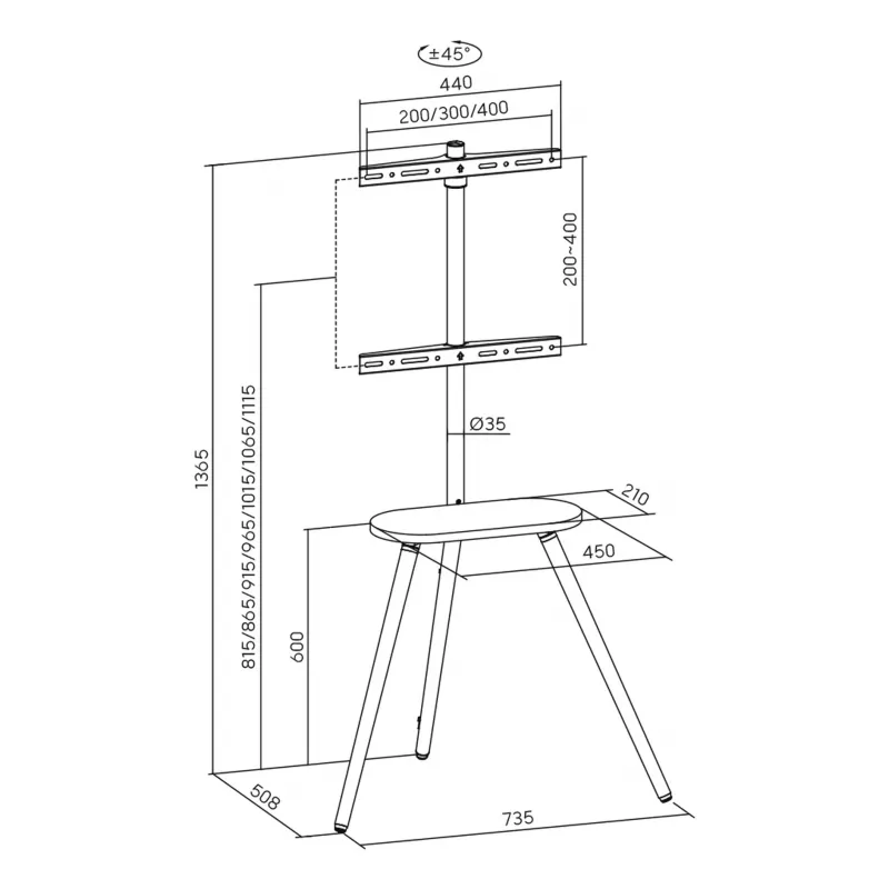 TV-voet InLine 23133W voor 43–65 inch schermen met plank, vrijstaande drager