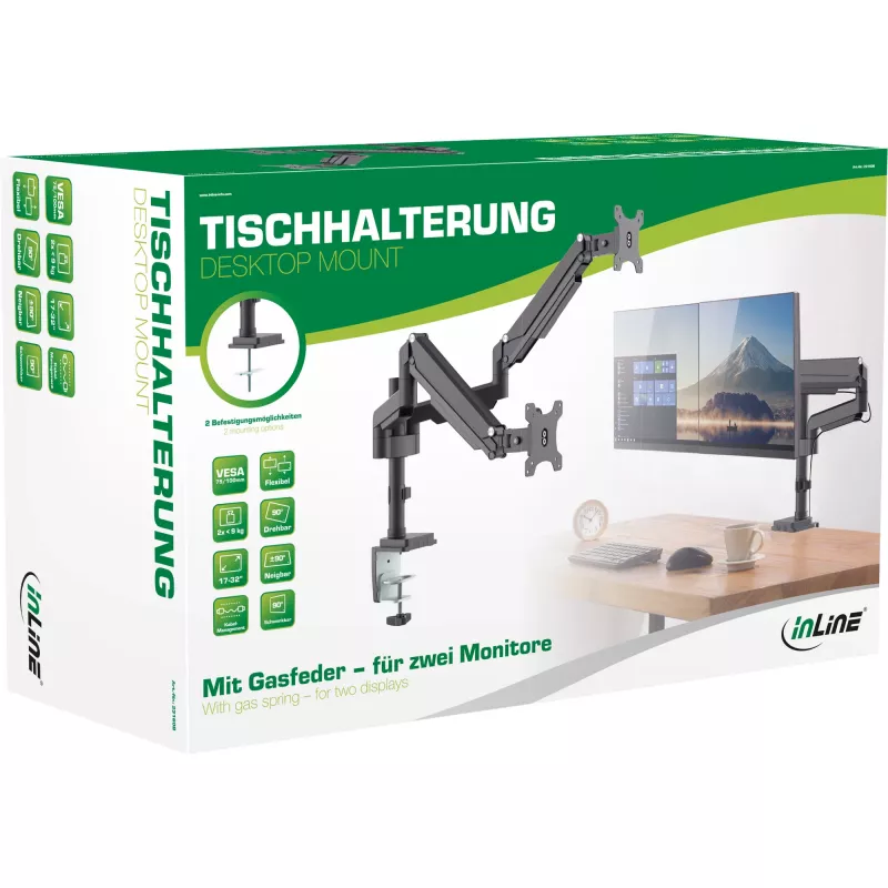 InLine tafelhouder met lift voor twee monitors tot 82 cm (32 inch), 9 kg