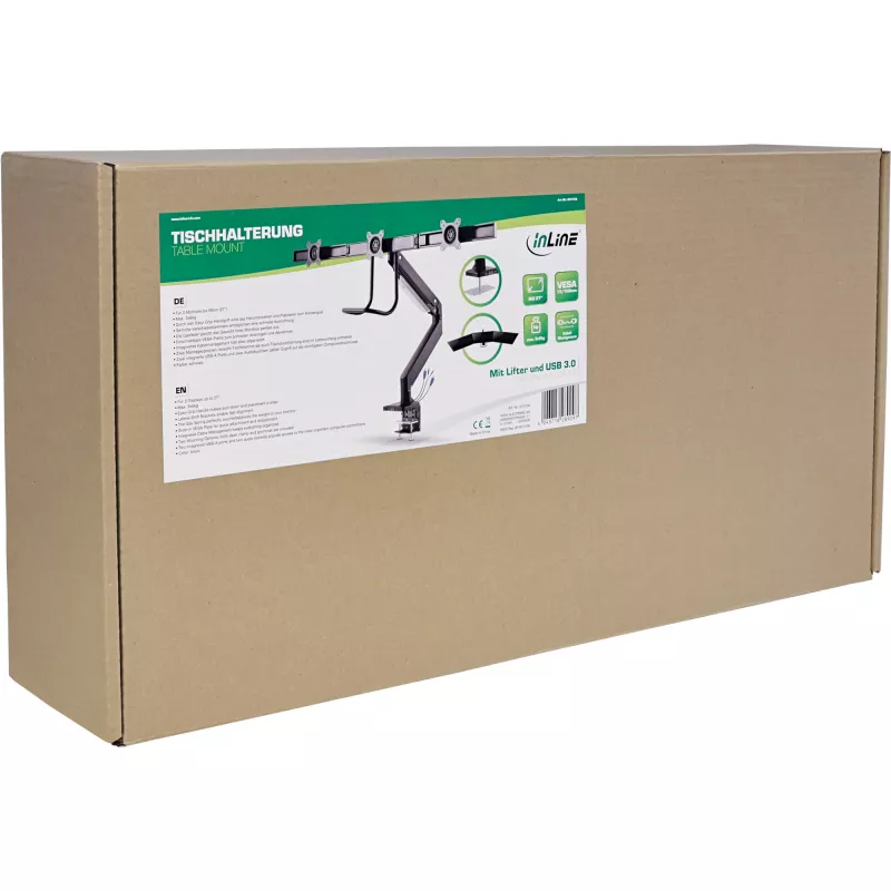 InLine desktopmontage met lift en USB3.0, beweegbaar, voor 3 displays tot 27 inch