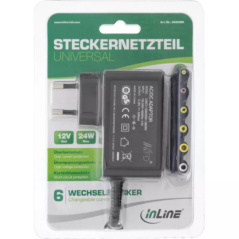 InLine universele voeding, 12 V / 24 W met 6 verwisselbare stekkers
