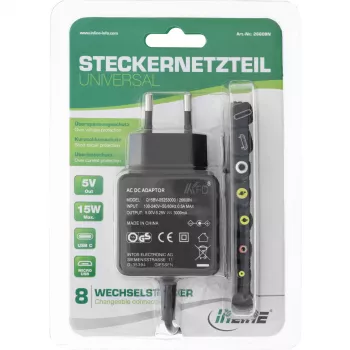 InLine universele voeding, 5 V / 15 W, met 8 verwisselbare stekkers, micro-USB, USB-C