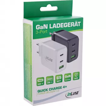 InLine mobiele oplader 31506E — universele AC-snellader voor binnen, 100–240 V ingang, tot 20 V/5 A uitgang, 1x USB-A, 2x USB-C, wit