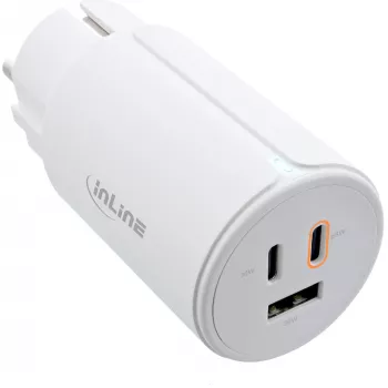 InLine USB PD-voeding, GaN-oplader, 3-poorts, dual USB-C + USB-A, 65W, wit