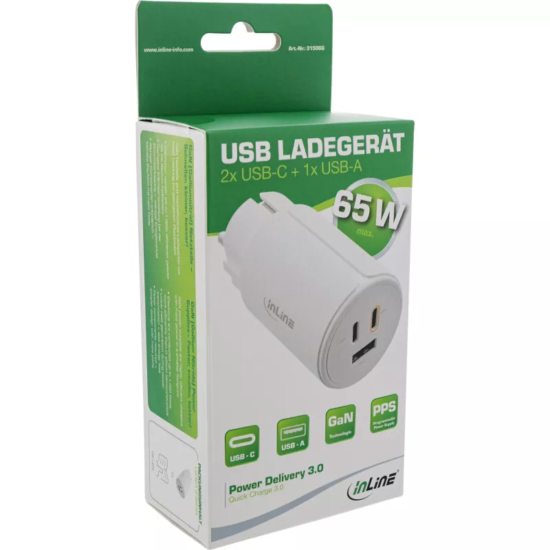 InLine USB PD-voeding, GaN-oplader, 3-poorts, dual USB-C + USB-A, 65W, wit