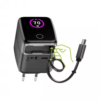 InLine USB-voeding, 70 W, GaN, USB-C PD + USB-A QC, kabel 60 cm, zwart