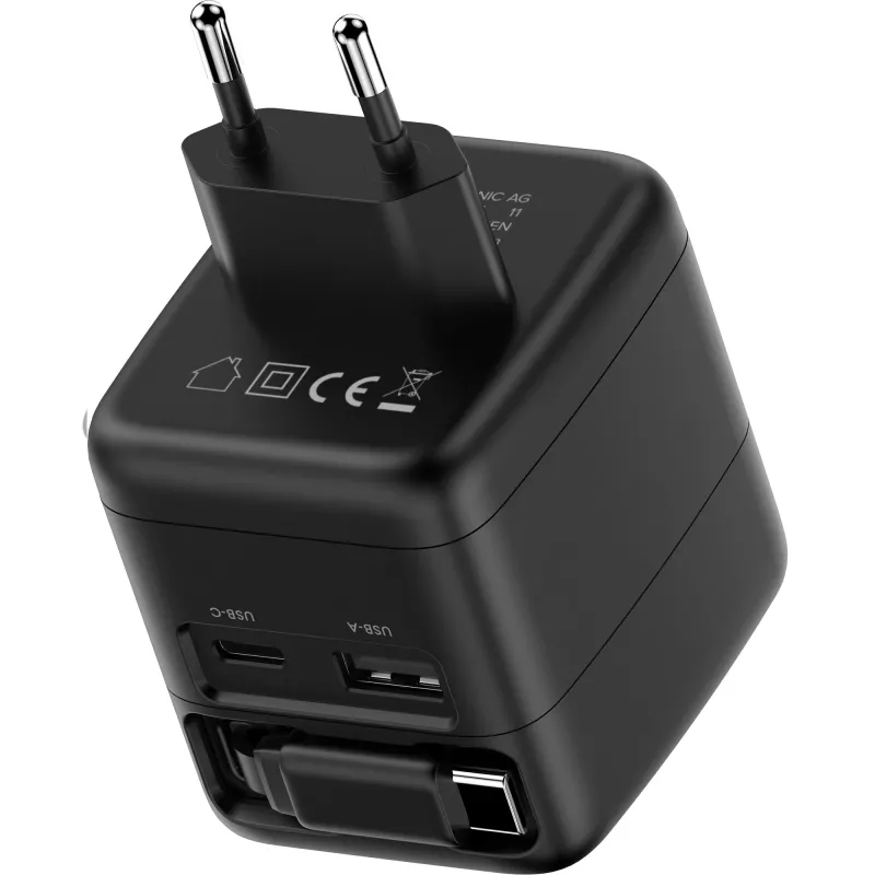 InLine USB-voeding, 70 W, GaN, USB-C PD + USB-A QC, kabel 60 cm, zwart