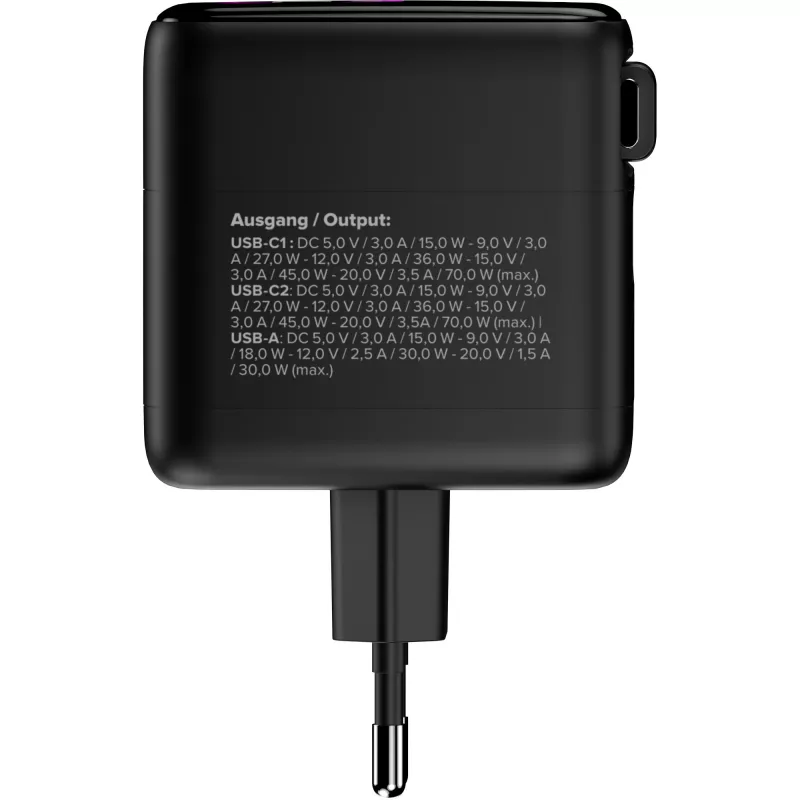 InLine USB-voeding, 70 W, GaN, USB-C PD + USB-A QC, kabel 60 cm, zwart
