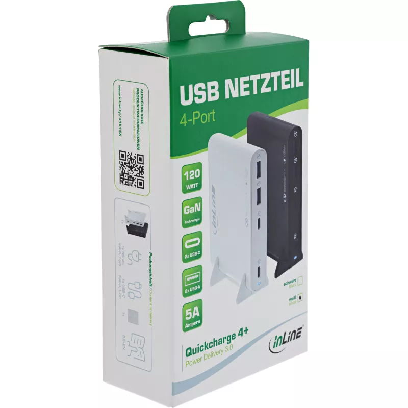 InLine USB-voeding, GaN-oplader, 4-voudig, 2x USB-C + 2x USB-A, 120W, wit
