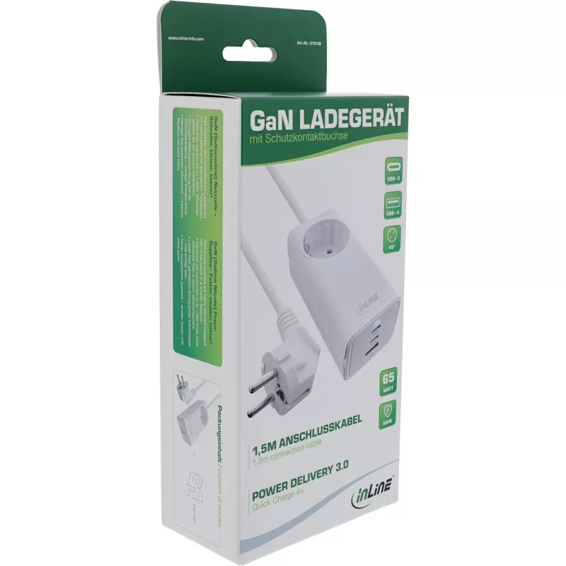 InLine USB-voeding, GaN-oplader, 2x USB-C, 1x USB-A, PD 3.0, veiligheidsstopcontact